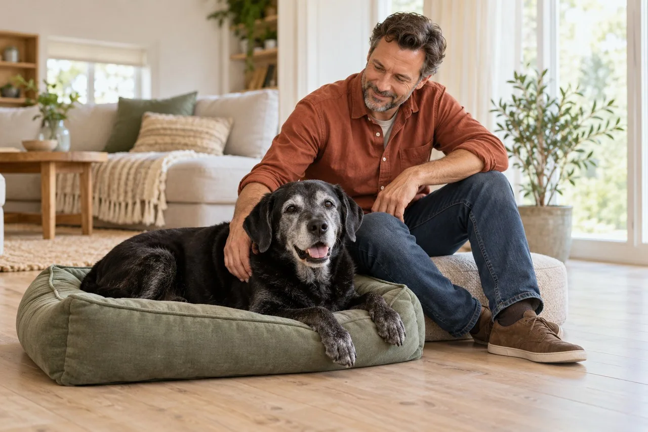 Owner seated at home beside a dog